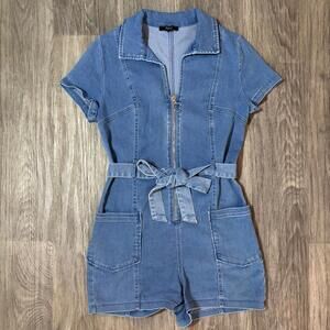 Blashe Denim Belted Shorts Romper Zipper v neck medium 90s 80s retro